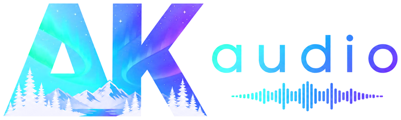 AK Audio logo: the letters AK filled with aurora sky over an Alaska treeline, beside the word audio and a sound waveform