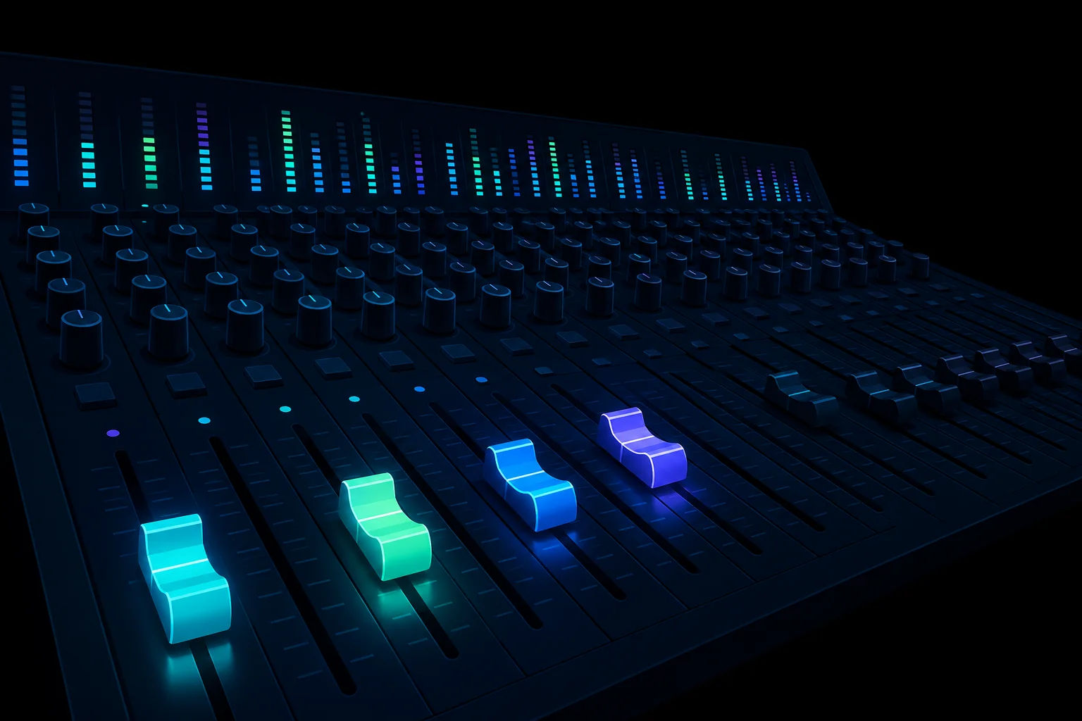 Mixing console at night with fader caps and level meters glowing in aurora cyan, green, and violet